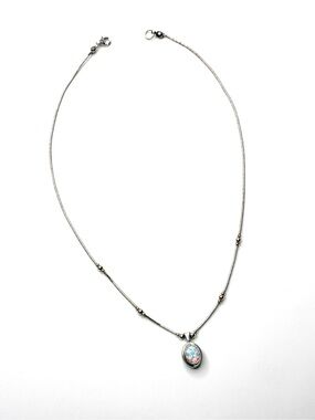 Vintage 925 Sterling Liquid Silver Station Necklace Oval Opal Pendant 16"
